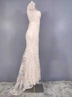 Elegant White Mermaid Spaghetti Strap Lace Slit Long Formal Prom Dress