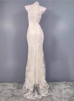 Elegant White Mermaid Spaghetti Strap Lace Slit Long Formal Prom Dress