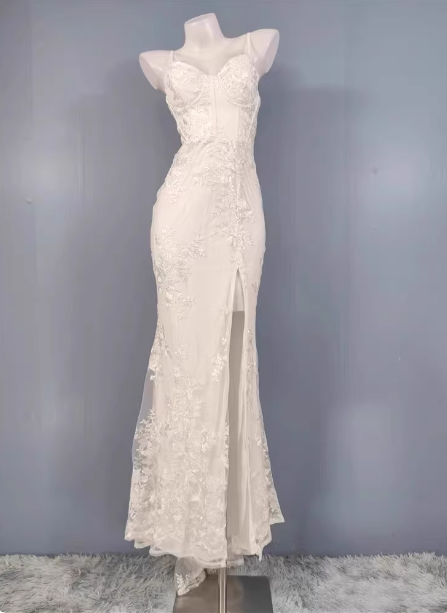 Elegant White Mermaid Spaghetti Strap Lace Slit Long Formal Prom Dress Main image