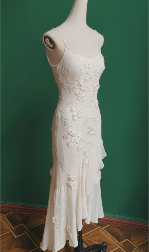 Elegant White Mermaid Spaghetti Strap U-Neck 3D Foral Embroidery Chiffon Formal Prom Dress