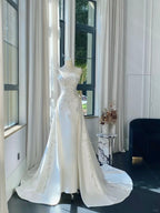 Elegant White Mermaid Strapless Beaded Satin Wedding Dress With Train