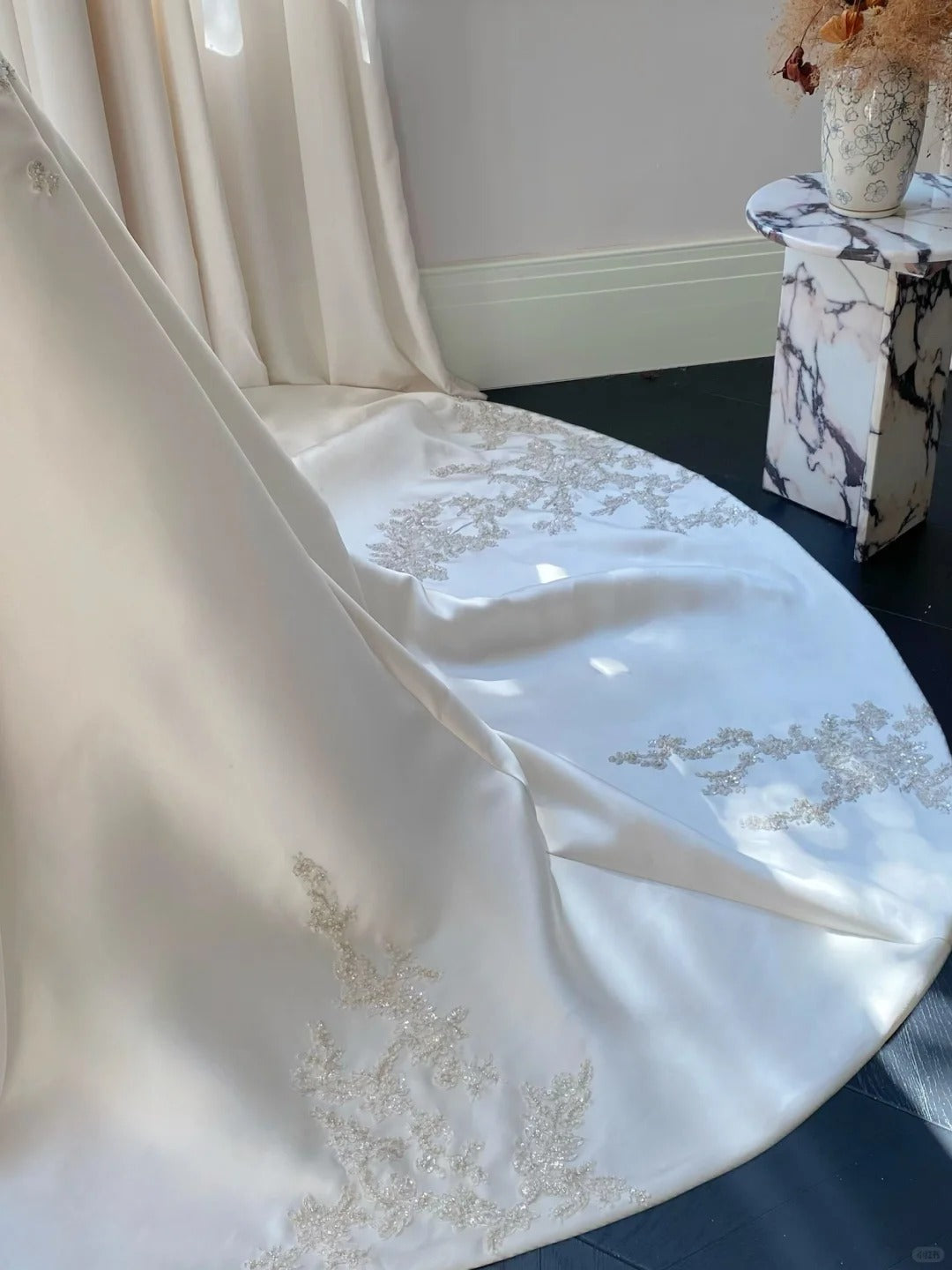 Elegant White Mermaid Strapless Beaded Satin Wedding Dress With Train