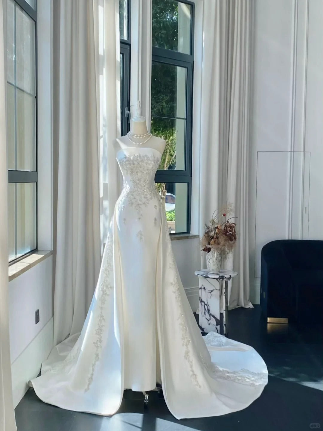 Elegant White Mermaid Strapless Beaded Satin Wedding Dress With Train