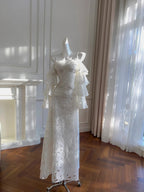 Elegant White Mermaid Strapless Off-The-Shoulder Lace Long Formal Prom Dress