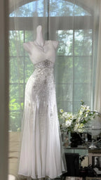 Elegant White Mermaid Strapless V-Neck Beaded Chiffon Long Formal Prom Dress