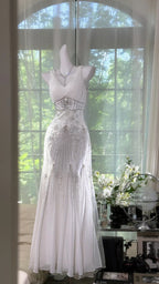 Elegant White Mermaid Strapless V-Neck Beaded Chiffon Long Formal Prom Dress