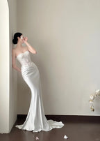 Elegant White Mermaid Sweetheart Neckline Lace Satin Long Wedding Dress
