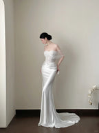 Elegant White Mermaid Sweetheart Neckline Lace Satin Long Wedding Dress