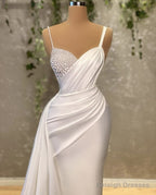 Elegant White Mermaid Sweetheart Satin Beaded Long Prom Dress Formal Spaghetti Strap Evening Gown