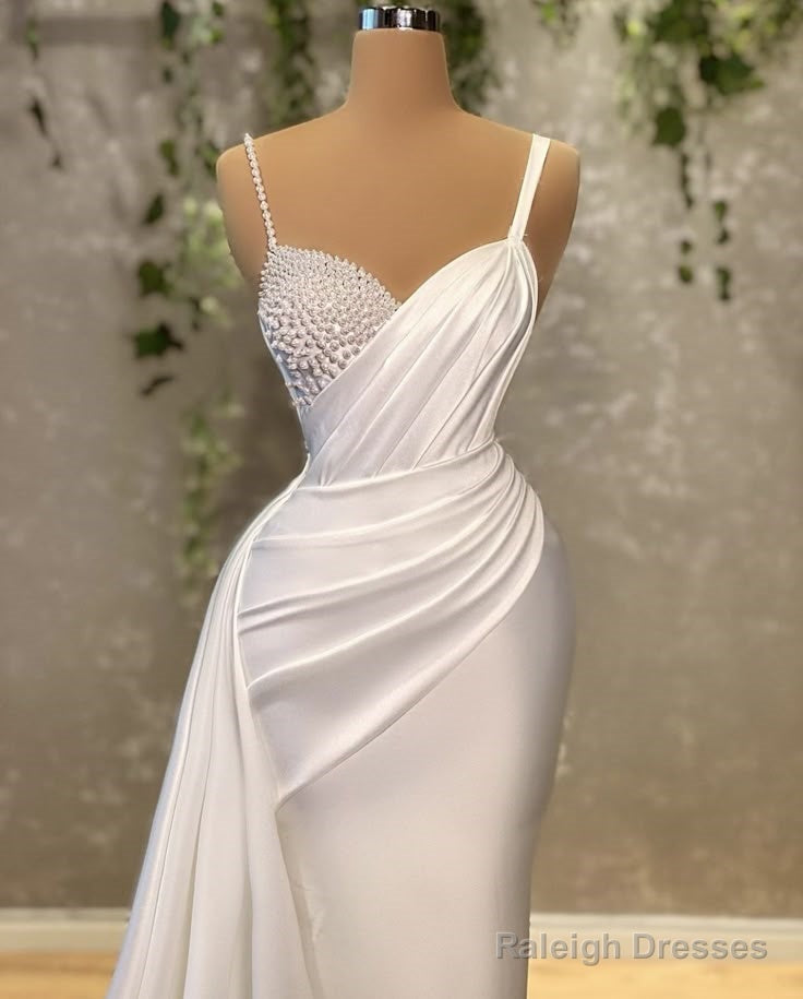 Elegant White Mermaid Sweetheart Satin Beaded Long Prom Dress Formal Spaghetti Strap Evening Gown