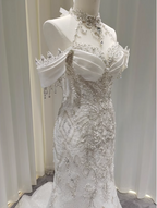 Elegant White Mermaid Train Halter Off-The-Shoulder Beaded Lace Tulle Formal Prom Dress