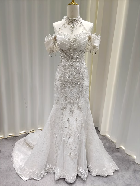 Elegant White Mermaid Train Halter Off-The-Shoulder Beaded Lace Tulle Formal Prom Dress