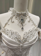 Elegant White Mermaid Train Halter Off-The-Shoulder Beaded Lace Tulle Formal Prom Dress