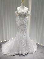 Elegant White Mermaid Train Halter Off-The-Shoulder Beaded Lace Tulle Formal Prom Dress