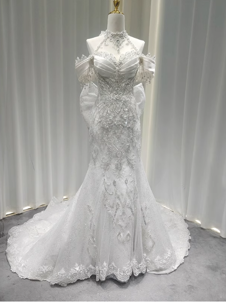 Elegant White Mermaid Train Halter Off-The-Shoulder Beaded Lace Tulle Formal Prom Dress Main image