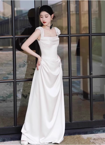 Elegant White Off-The-Shoulder Satin Long Formal Prom Dress Wedding Dress