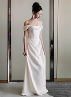 Elegant White Off-The-Shoulder Satin Long Formal Prom Dress Wedding Dress