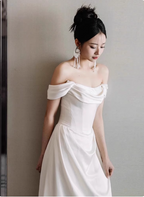 Elegant White Off-The-Shoulder Satin Long Formal Prom Dress Wedding Dress