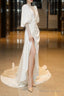Elegant White Puffy Sleeves Long Prom Dress With Leg Slit White Wedding Party Dress