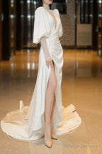 Elegant White Puffy Sleeves Prom Dresses Long With Leg Slit White Wedding Prom Dresses