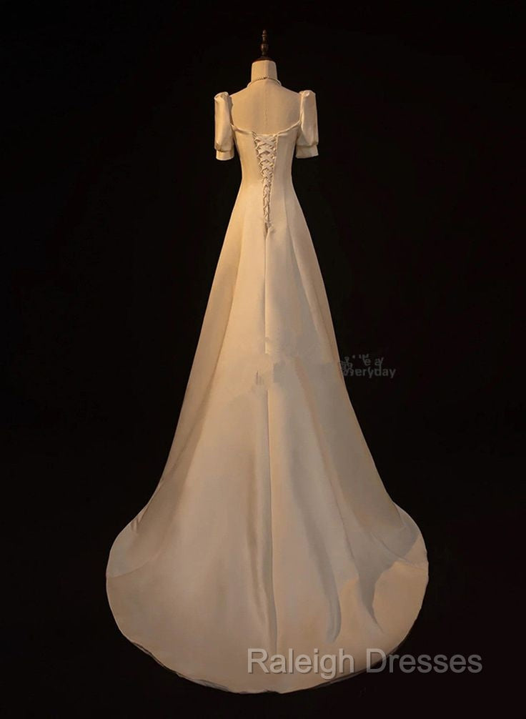 Elegant White Satin A-line Wedding Party Dress Long Prom Dress Evening Gown