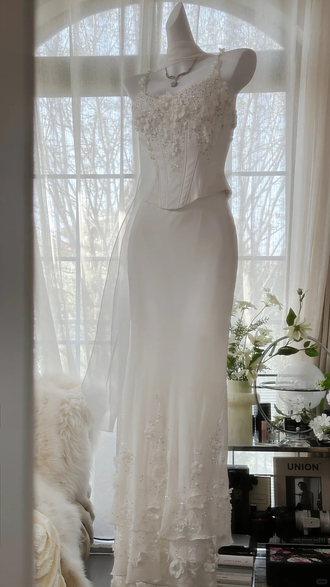 Elegant White Strap Herringbone Beaded Chiffon Prom Gown Formal Prom Dress