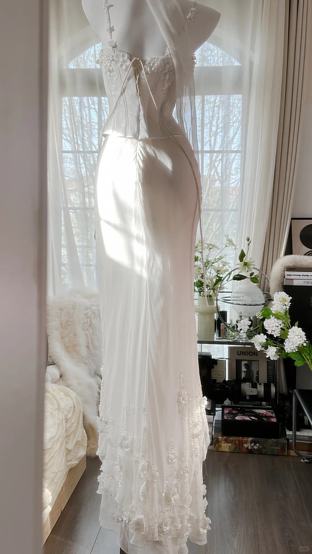 Elegant White Strap Herringbone Beaded Chiffon Prom Gown Formal Prom Dress