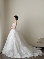 Elegant White Strapless Lace Train Ball Gown Wedding Dress