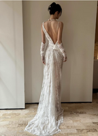 Elegant White Strappy Backless Lace Train Wedding Dress