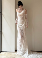 Elegant White Strappy Backless Lace Train Wedding Dress