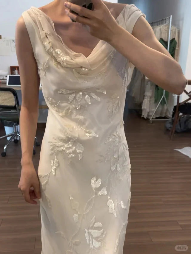 Elegant White Swing Neck Sequin Chiffon Long Formal Prom Dress