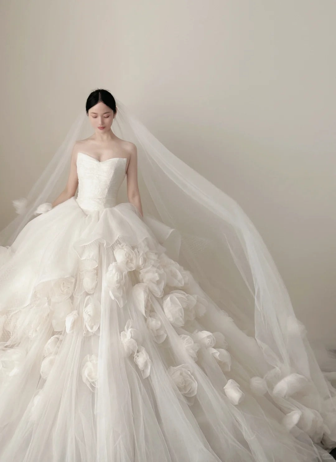 Elegant White Trailing Heart-Shaped Neckline 3D Floral Tulle Ball Gown Wedding Dress