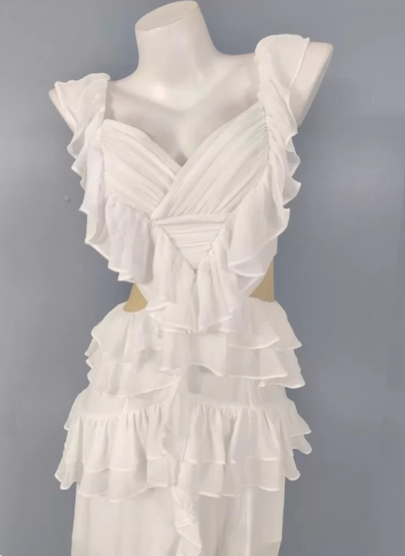 Elegant White V-Neck Ruffled Chiffon Long Formal Prom Dress Secondary image