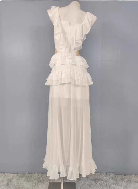 Elegant White V-Neck Ruffled Chiffon Long Formal Prom Dress