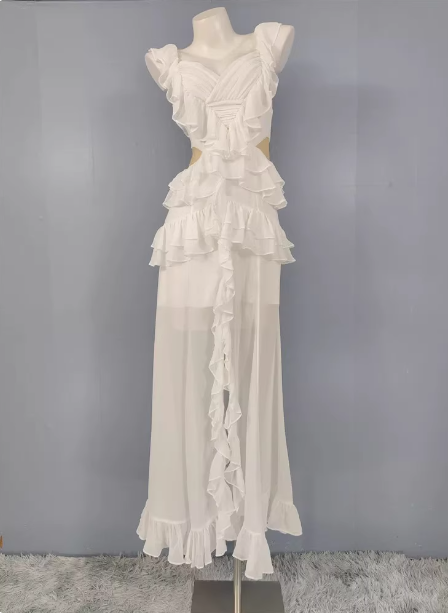 Elegant White V-Neck Ruffled Chiffon Long Formal Prom Dress Main image