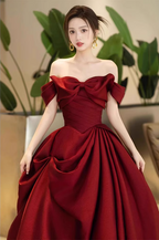 Elegant Burgundy A-Line Off-The-Shoulder Bow-Embellished Satin Long Formal Prom Dress
