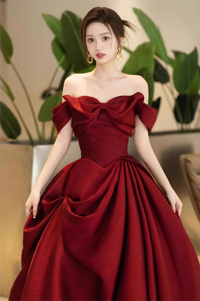 Elegant Burgundy A-Line Off-The-Shoulder Bow-Embellished Satin Long Formal Prom Dress