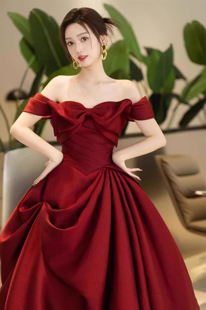 Elegant Burgundy A-Line Off-The-Shoulder Bow-Embellished Satin Long Formal Prom Dress