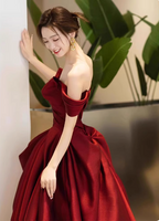 Elegant Burgundy A-Line Off-The-Shoulder Bow-Embellished Satin Long Formal Prom Dress
