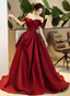 Elegant Burgundy A-Line Off-The-Shoulder Bow-Embellished Satin Long Formal Prom Dress