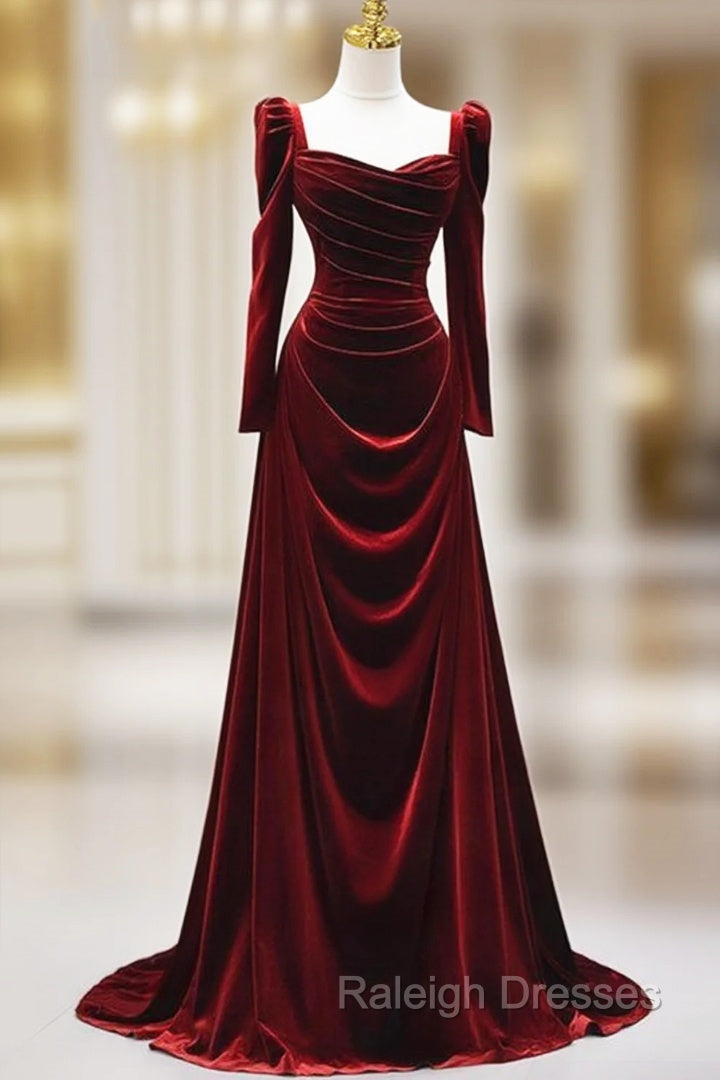 Elegant Wine Red Velvet Long Sleeves Formal Dress, Formal Wedding Party Dress