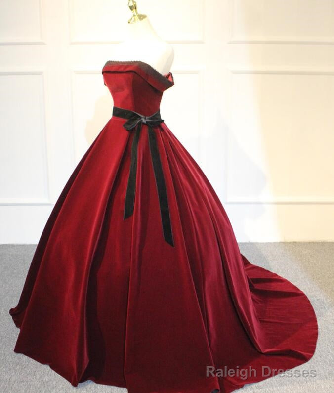 Elegant Wine Red Velvet Sweet 16 Gown With Belt, Off Shoulder Party Gown