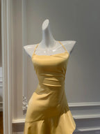 Elegant Yellow Irregular Halter Neck Satin Short Front Long Back Formal Prom Dress