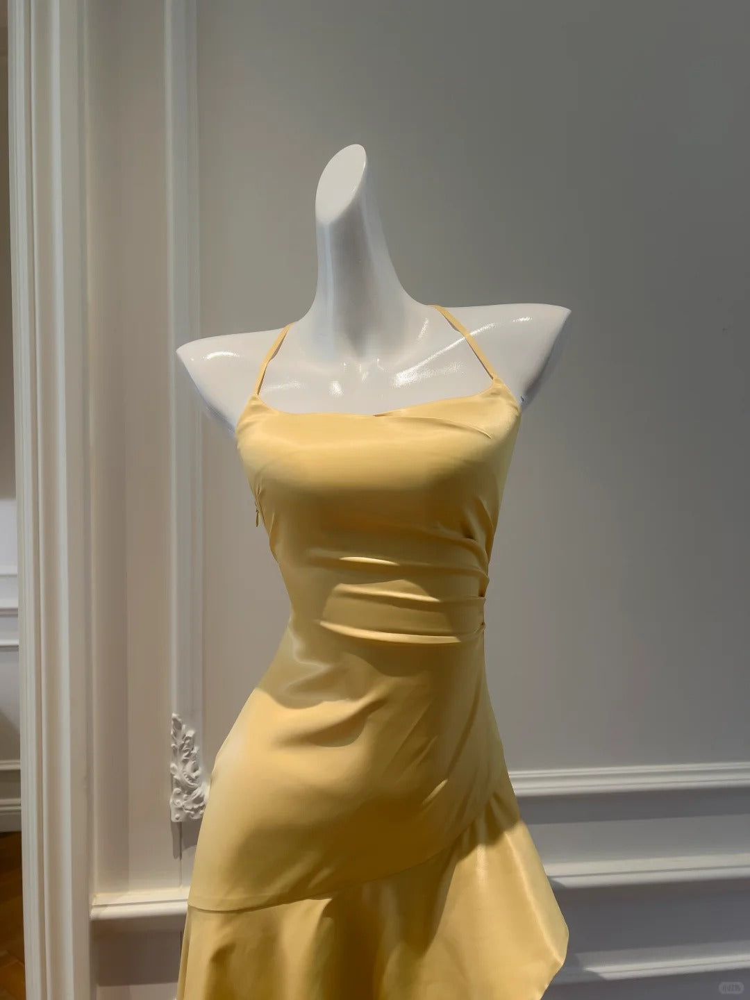 Elegant Yellow Irregular Halter Neck Satin Short Front Long Back Formal Prom Dress