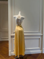 Elegant Yellow Irregular Halter Neck Satin Short Front Long Back Formal Prom Dress