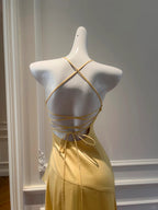 Elegant Yellow Irregular Halter Neck Satin Short Front Long Back Formal Prom Dress