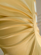 Elegant Yellow Irregular Halter Neck Satin Short Front Long Back Formal Prom Dress
