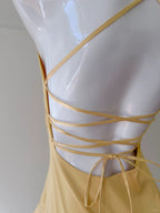 Elegant Yellow Irregular Halter Neck Satin Short Front Long Back Formal Prom Dress