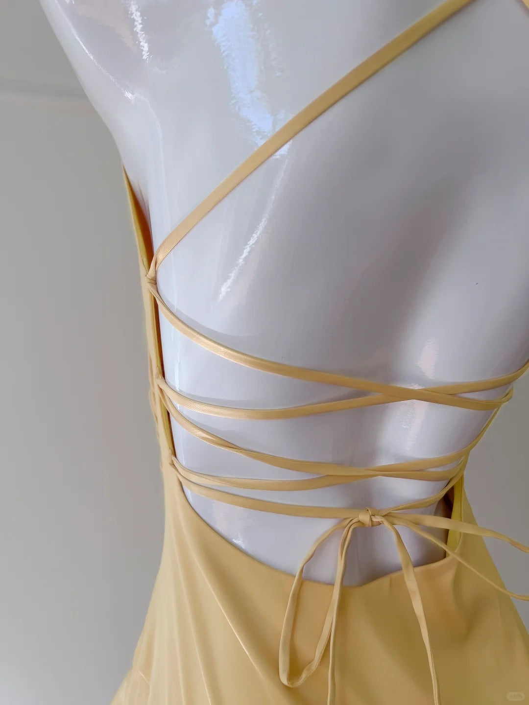 Elegant Yellow Irregular Halter Neck Satin Short Front Long Back Formal Prom Dress