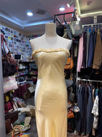 Elegant Yellow Mermaid Strapless Three-Dimensional Floral Satin Long Formal Prom Dress Bridesmaid Dress